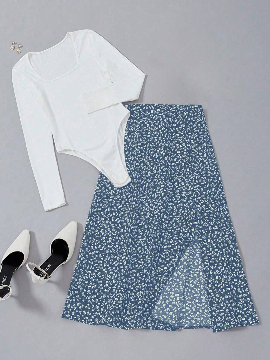 EMERY ROSE 純色長袖連體衣和花卉印花裙子2件套裝 - 藍色 - 查看 1