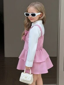 SHEIN Elladie kids 3件套女童时尚蝴蝶结装饰吊带背心搭配白色长袖衬衫和可爱粉色裙子，秋冬套装 - 杏色 - 查看 5