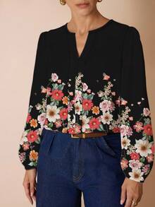 Glamance Shutterstock 黑色花卉休闲优雅精致简约女式长袖 V 领衬衫，适合日常、工作、郊游、办公室、复古旅行、教师节、秋冬 - 白色 - 查看 3