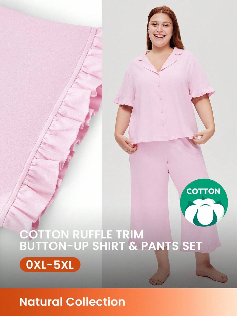 Plus Cotton Short-Sleeve Button-Up Top & Pants Loungewear Pajama Set