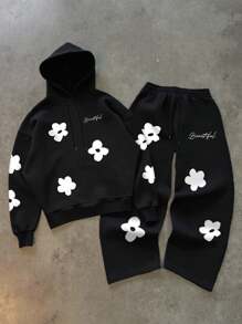 Manfinity EMRG 2 件男士连帽运动衫和抽绳裤套装花朵连帽衫男士街头服饰套装黑色两件套男士花卉套装，秋装冬季 - 黑色 - 查看 1