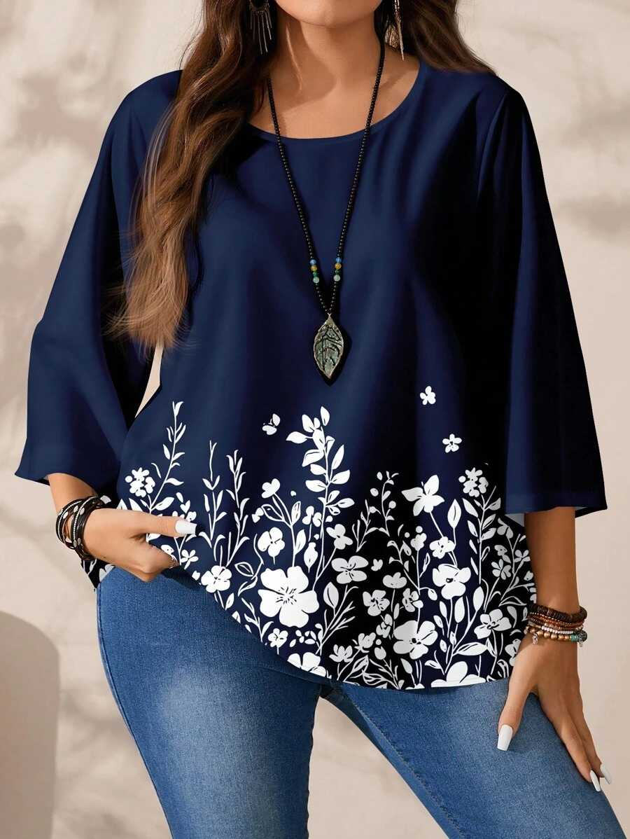 EMERY ROSE Damen Große Größen Bluse mit Blume Muster und 3/4 Ärmeln, locker geschnitten, geeignet für Frühling/Sommer, schicke Blusen für Damen in Große Größen, Tops in Große Größen, lässige Tops in Große Größen