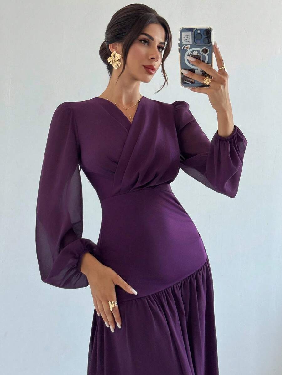 Firerie Vestido elegante de mujer con cuello en V, manga farol y fruncido en unicolor