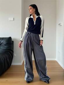 EURMUSE 现代对比色插肩袖半拉链罗纹针织套头衫运动设计