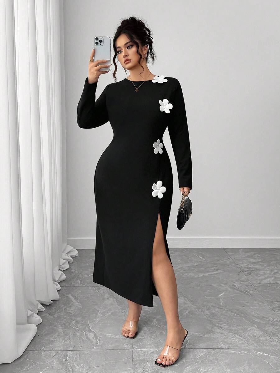 Elenzga Women's Plus Size Black And White 3D Floral Round Neck Straight Dress With Slit Hem,Waist Cinched,Elegant Autumn Dinner Casual Long Fall Dress - Black - View 1