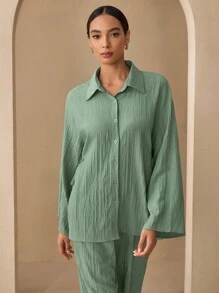 Graceveil 2pcs Casual Solid Color Cinched Waist Textured Fabric Shirt And Pants Set Co-Ords Fall Cloth For Women - Green - View 2