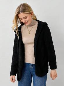 Miaspire Women's Casual Loose Black Reversible Fleece Hooded Jacket, Autumn & Winter - Black - View 6