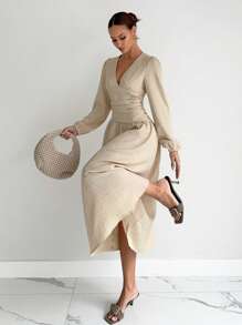 Siren Gaze Women's Apricot Autumn Elegant Wedding Guest Dress,Solid V-Neck Lantern Sleeve Waist-Cinching Pleated Long Dress,Business Casual Work Teacher Outfits - Apricot - View 3
