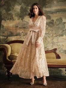 Anewsta Váy dài thắt eo thêu sequin cổ chữ V thanh lịch, váy dài lãng mạn dành cho nữ, phù hợp cho mùa thu, đông, năm mới, tiệc tùng, đám cưới - Rượu sâm banh - Xem 6