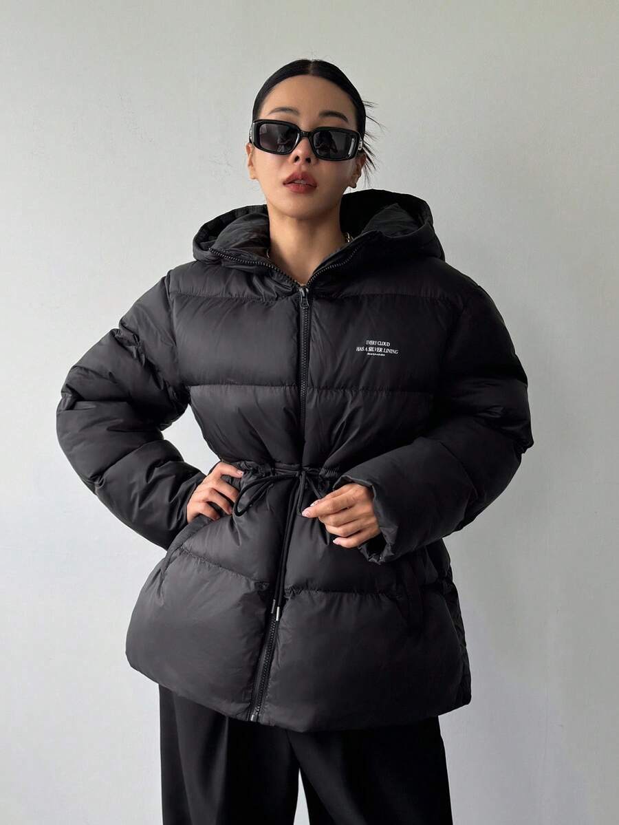 DAZY 休闲字母印花连帽宽松女士棉服外套冬季夹克 - 黑色 - 查看 1