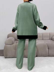 SHEIN Cottnline Ladies' Knitted Two-Piece Set: Contrast Edge Cardigan & Knit Pants - Multicolor - View 2