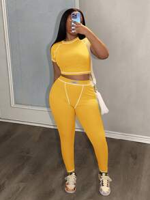 Slaydiva 2025 春夏新款休闲街头百搭运动基础修身绿色圆领短袖短款T恤和撞色腰裤女两件套，适合音乐节、复活节、西部游牧风格、乡村风格、婚礼嘉宾、日常旅行、毕业季、派对聚会、俱乐部、运动健身、瑜伽 - B - 黃色 - 查看 5