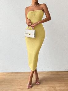 Chiquease Váy Bandeau dệt kim gợi cảm mùa thu/đông dành cho nữ, phong cách nghỉ dưỡng - Màu Mù tạt vàng - Xem 6