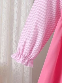 1 pezzo Abito a maniche lunghe con colletto, fiocco decorativo e chiusura lampo sul retro, in stile patchwork bianco e rosa, look college dolce, adatto a ragazze, per primavera/autunno, per il ritorno a scuola, per occasioni quotidiane - Rosa - Visualizzare 5