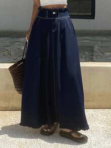 Livesso Summer New Loose Casual Distressed Washed Denim Skirt For Women - Dark Wash - View 5