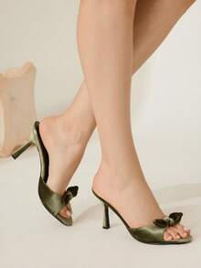 CUCCOO CHICEST Giày cao gót mũi tròn đính nơ nhung màu xanh ô liu thanh lịch thoải mái cho nữ, đi chơi hẹn hò lãng mạn vào mùa hè - Màu xanh Ô liu - Xem 5