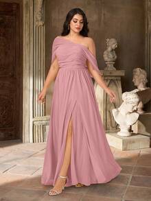 Aureia 加大码优雅浪漫粉色雪纺不对称露肩褶饰喇叭袖高开衩 A 字下摆连衣裙，适合婚礼、派对、度假、庆典、伴娘