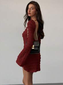 Aloruh New Sexy Backless Knitted Jacquard Elastic Fabric Flare Sleeve Short Dress - Red - View 4