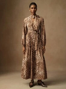 Lyxana Abito a campana con stampa leopardata classica, vita elastica, scollo a V, maniche a lanterna, versatile ed elegante, adatto a varie occasioni e fasce d'età - Multicolore - Visualizzare 3