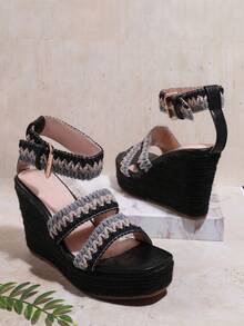 SHUZIA Women's Wedge Heel Thick Sole Sandals - Black - View 4