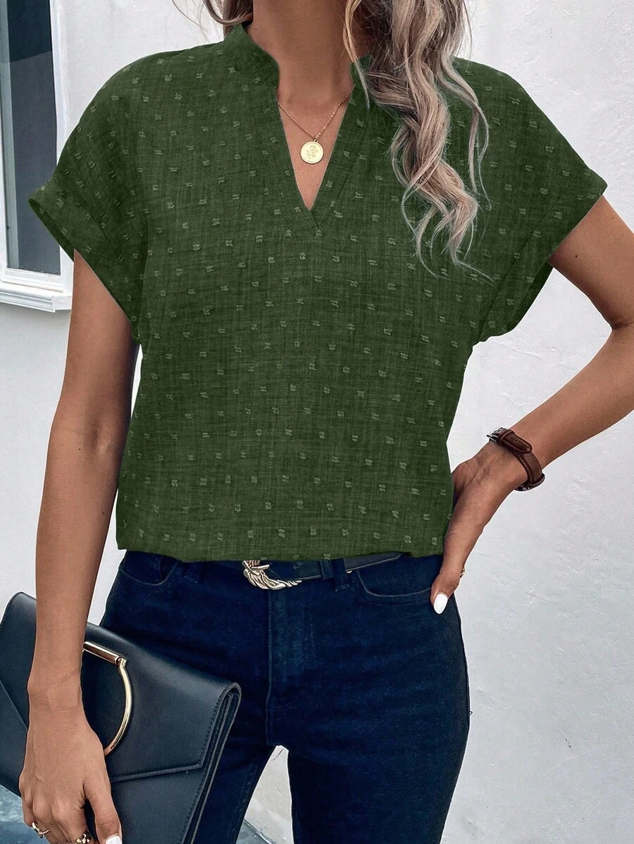 SHEIN LUNE Women's Casual & Commuting Solid Color Notched Neck Blouse, Summer - Army Green - View 1