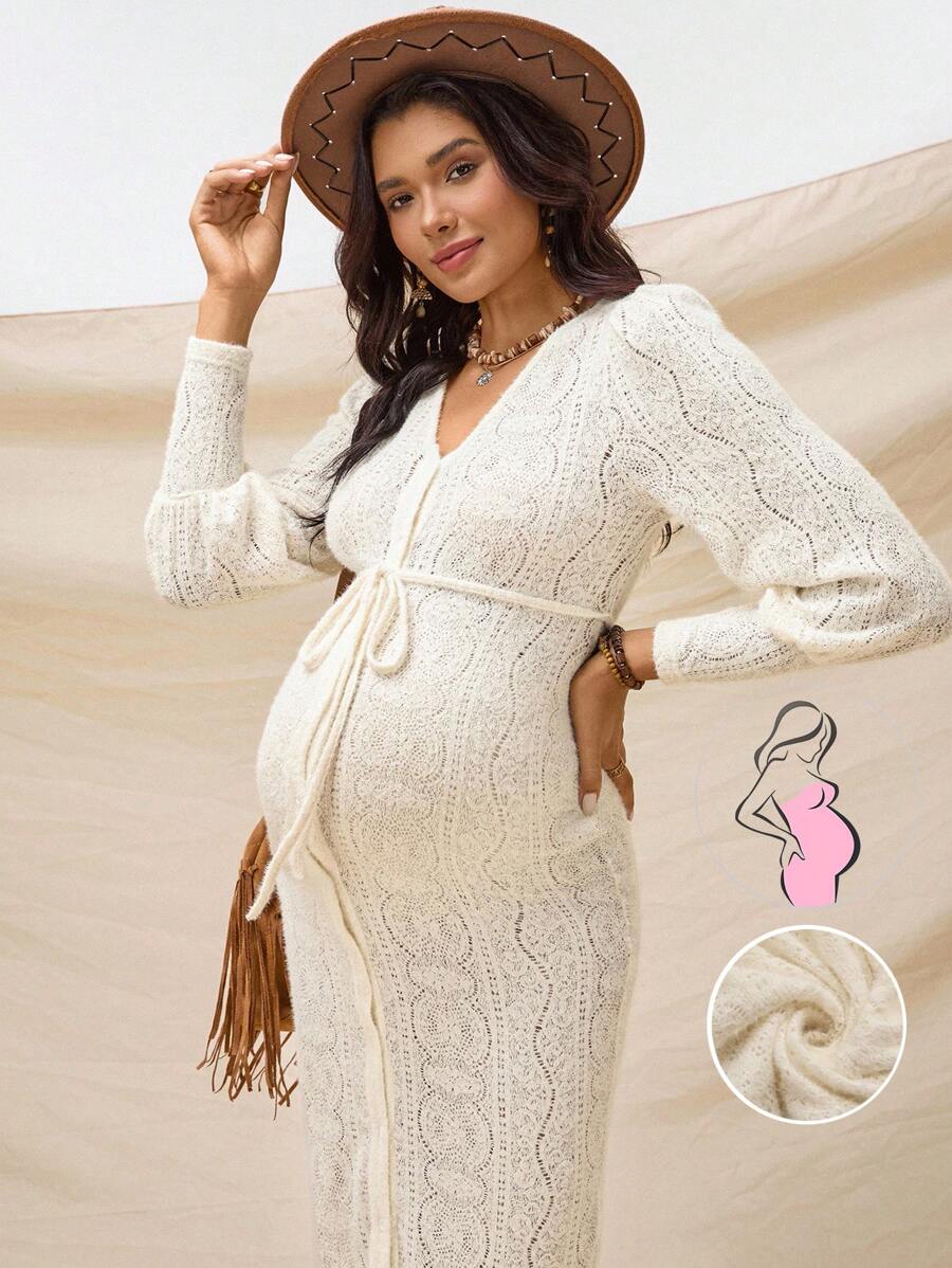 Boho Mama Vestido de maternidad casual de unicolor con botones frontales y ajustado al Body - Albaricoque - Ver 1