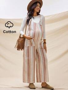 Boho Mama Kombinezon ciążowy, swobodny, w paski, z szerokimi nogawkami i blokami kolorów - Wielokolorowe - Zobacz 1