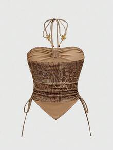 ROMWE J-Fashion Y2K Vacation 夏威夷海豚与芙蓉豹纹串珠网眼露背上衣 - 棕色 - 查看 2