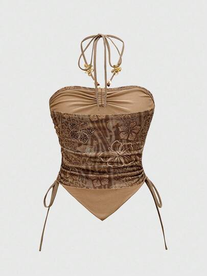 J-Fashion Top halter de malla con cuentas con estampado de leopardo, delfines y flores de hibisco estilo Y2K para vacaciones