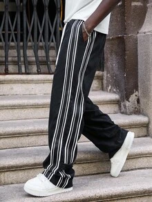 Claim Dot Pantalones casuales de pana de pierna recta para hombres con diseño de doble raya, estilo retro americano adecuado para uso diario, cierre con botón, para otoño - Negro - Ver 6