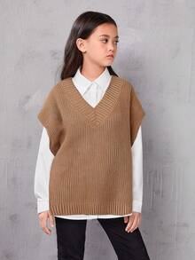 SHEIN Tween Girls Loose Fit Solid Color V-Neck Mid-Length Knit Sweater Vest,In Fall/Winter - Khaki - View 8