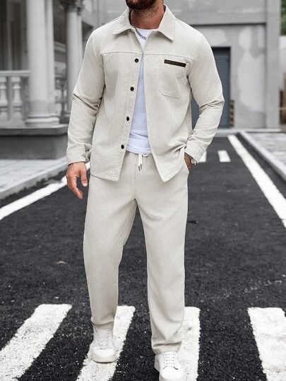 Manfinity Homme Aprikosfärgat manchesterset för män, business-set med krage och fickdetalj, streetwear, herr, manchester, tvådelat, höstkläder, vinter