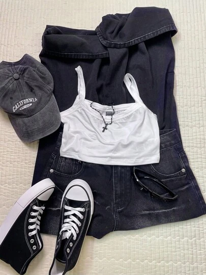 Slaydiva 女士休闲简约粗肩带吊带背心，短款，适合夏季