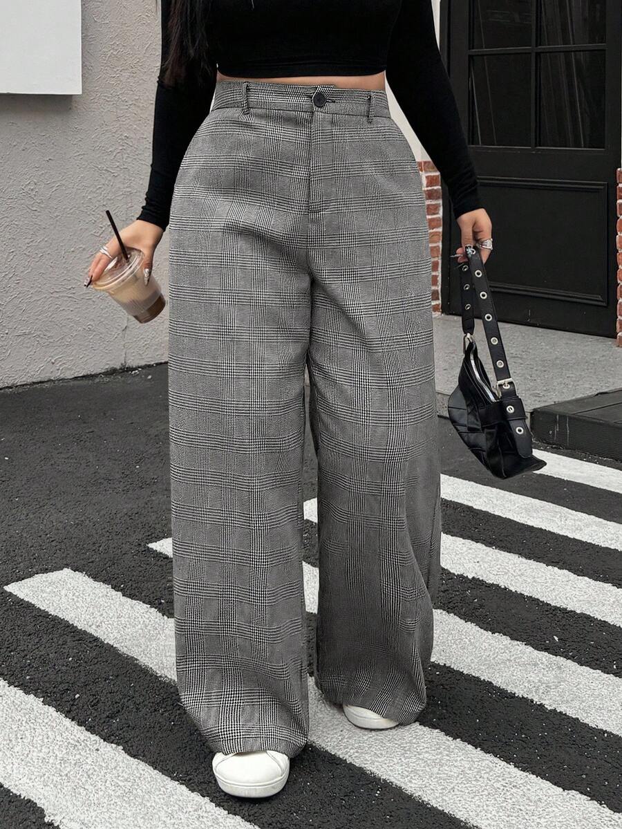 Muchica Plus Size Women Houndstooth Pattern Loose Straight Leg Casual/Office Pants Plaid Pants High Waisted Pants Gray Plaid Pants Wide Leg Pants In Fall/Winter Gray Pants