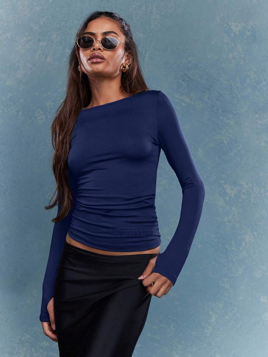 MISSGUIDED Women Long Sleeve Wide Neck Slim Fit Casual T-Shirt Cropped Length Ruched Side Detail Fall Winter Top - Navy Blue - View 1