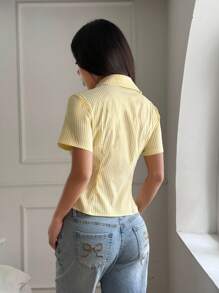 Chiquease ChicEase 法式修身黄白条纹短袖优雅女式办公室衬衫 - 黃色 - 查看 3