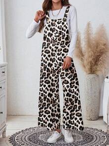 SHEIN LUNE Damen Lässig Leoparden-Muster Taschen Loose Jumpsuit, geeignet für Herbst/Winter