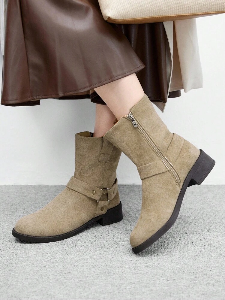CUCCOO BIZCHIC Women's Round Toe Khaki Suede Side Zipper Classic Ankle Boots, Versatile Flat Short Booties For Daily Commute