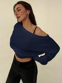 Aloruh Beige Oversized Floral Asymmetric Shoulder Romantic Loose Knit Sweater, Autumn/Winter,Fall - Navy Blue - View 3