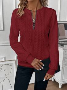 SHEIN LUNE Casual Versatile Solid Color Textured Crew Neck Sweatshirt Fall Cloth For Women - Burgundy - View 4