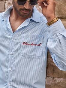 HIMLAND Camisa de manga larga casual de hombre con hombros caídos, tejida a rayas, con bordado de letra, azul claro a rayas, camisa azul polvo, camisa a rayas azul y blanca, camisa azul Carolina, para otoño, Old Money