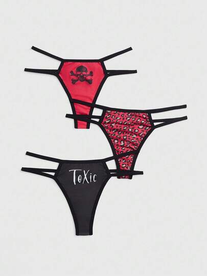 Goth 3 Stück/Set Gothic Skelett & Leoparden Damen String Höschen, Halloween