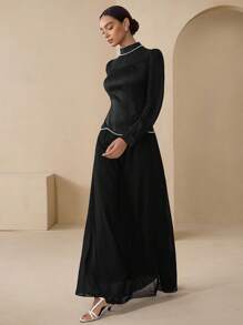 Graceveil Women's Satin Patchwork Mock Neck Pearl Decor Luxury Vintage Elegant Dress Fall Cloth For Women - Black - View 6