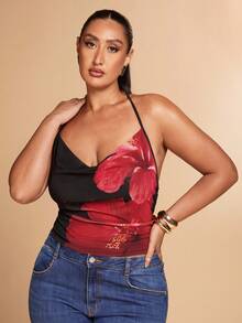 SHEIN BAE Plus Size Casual Minimalist Draped Neck Blue Floral Print Tie Front Fitted Blouse, Suitable For Vacation, Beach, Spring Break Girls Trip, Back To School Beach Wear/Tank Top/Holiday Vest, Suitable For Early Autumn/Back To School/Going Out /Festival Outfits Women/Autumnfall/Wedding Guest Dress Women Plus Size/Formal Dresses For Women/Top For Women Elegant/Summer Top /Birthday Cami/Homecoming Top/Off Shoulder/Halloween Costume/Club Outfits Women Sexy/Christmas/Plus Size Top/Red Top