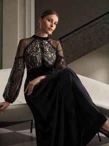 ZEYLAH Lace Patchwork Velvet Long Sleeve Dress, Autumn/Winter - Black - View 3