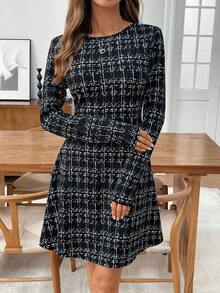 EMERY ROSE 女式格子圆领长袖优雅短款连衣裙 - 黑色 - 查看 6