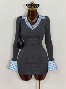 SHEIN Women's Plaid Patchwork Waist Cinched Midi Dress Fall Cloth For Women - Dark Grey - View 3