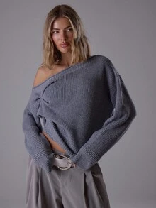 MUSERA 宽松不对称露肩长袖褶皱罗纹针织上衣，优雅晚装，性感可爱，酷女孩街头风，适合黎明、晚宴、派对等场合。 - 灰色 - 查看 1