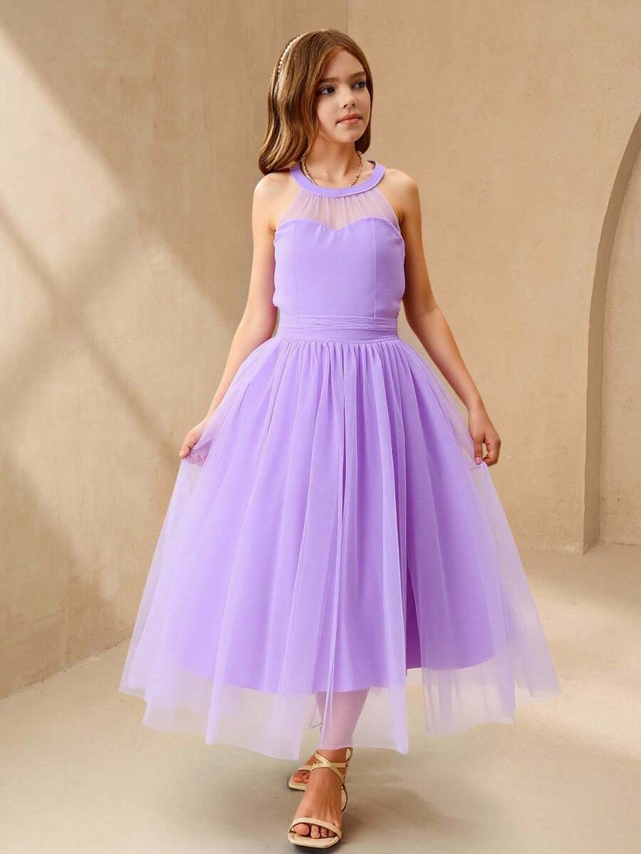 Elegant Light Blue Summer Lace Wedding Dress,Tween Girls Luxurious Light Purple Halter Neck Sleeveless Mesh Dress For Party,Flower Girl,Banquet - Mauve Purple - View 1