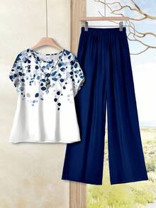 SHEIN RusticEase 2 件套休闲树叶印花撞色圆领上衣和宽松裤子套装，适合女士，适合春秋季 - 彩色 - 查看 1
